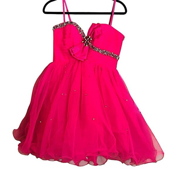 Dave & Johnny Hot Pink Party Prom Cocktail Sequins and Bow Dress – NWT – Sz 5/6 - Picture 1 of 14